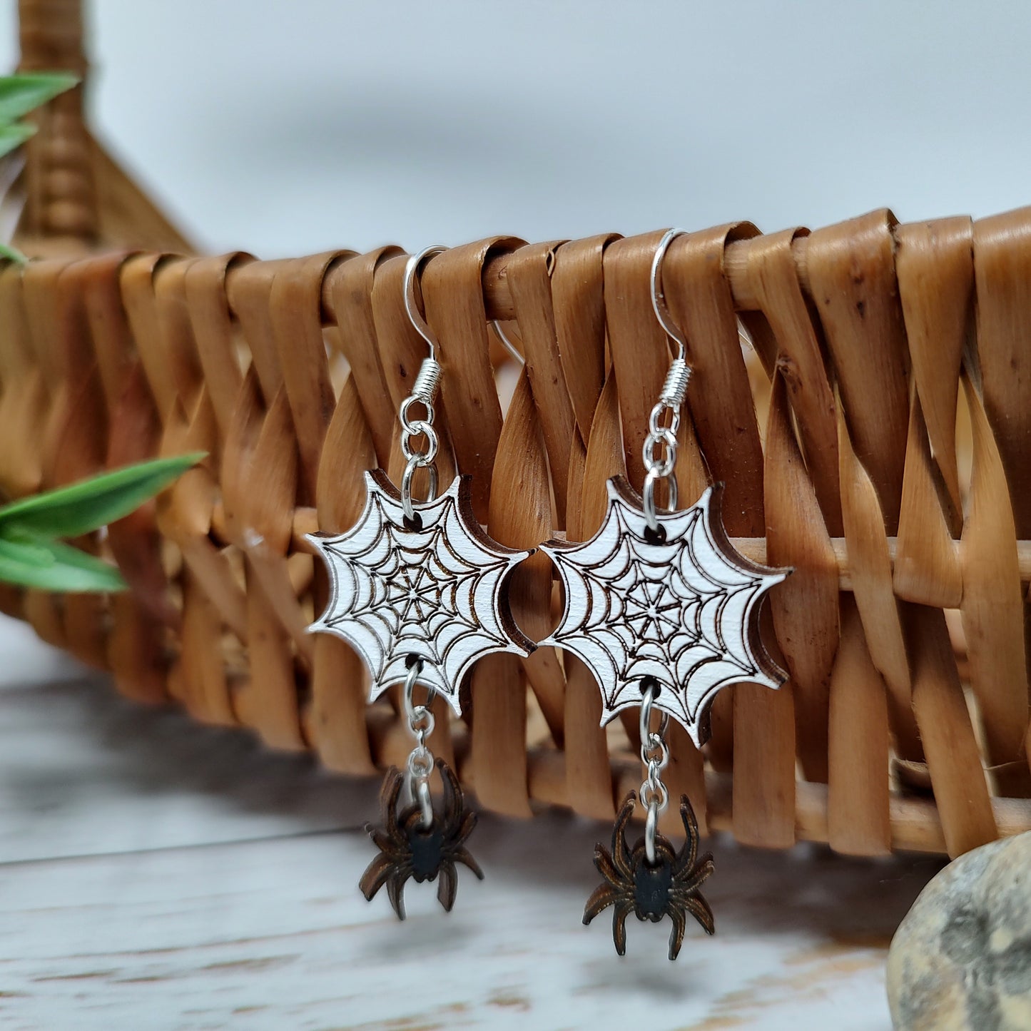 Spider web and Dangling Spider Wooden Halloween Earrings