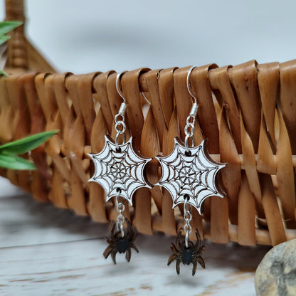 Spider web and Dangling Spider Wooden Halloween Earrings