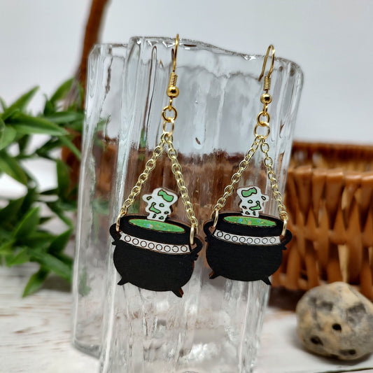 Bubbling Cauldron Wooden Halloween Earrings