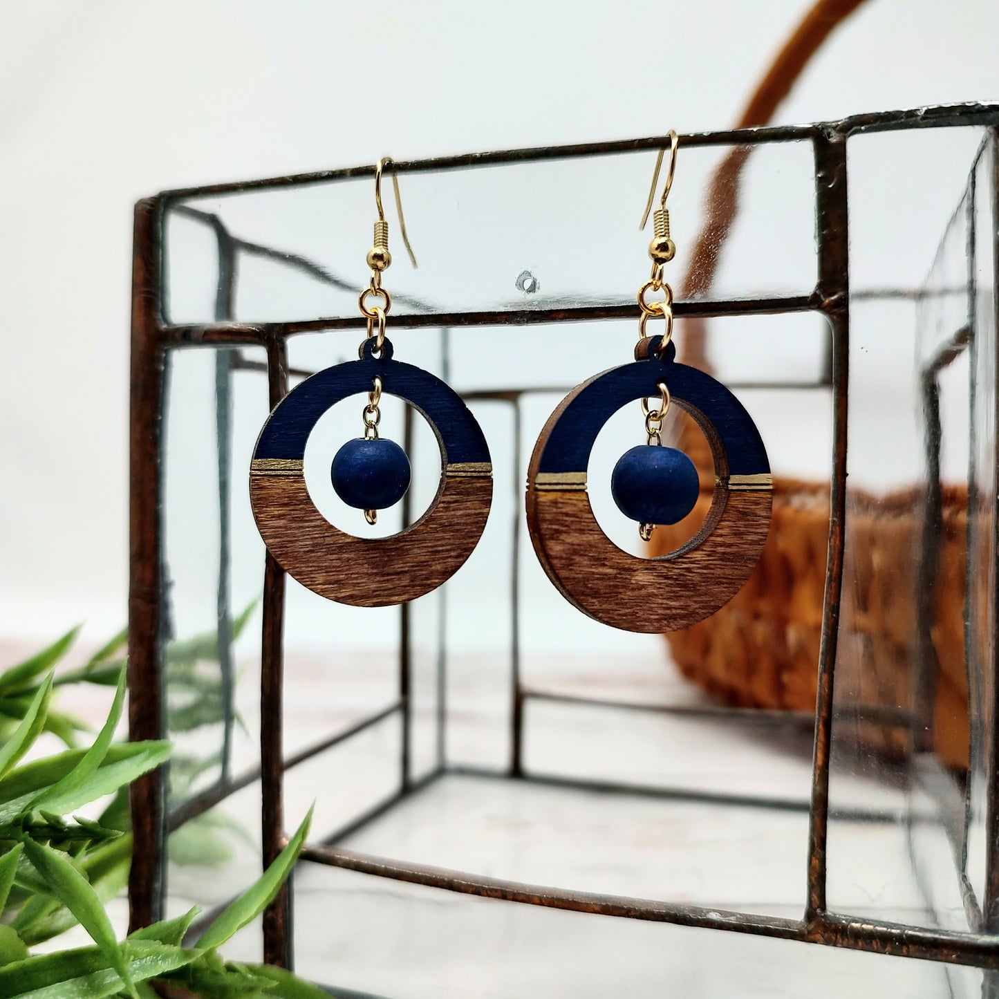 Dark Navy Blue Wooden Earrings