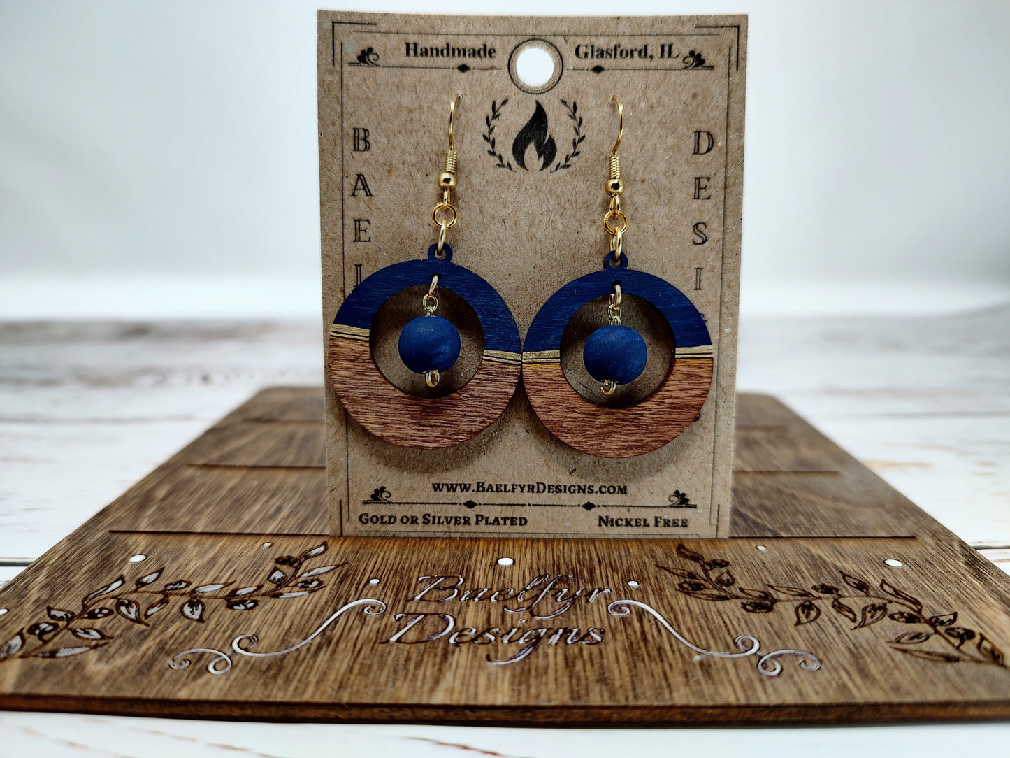 Dark Navy Blue Wooden Earrings
