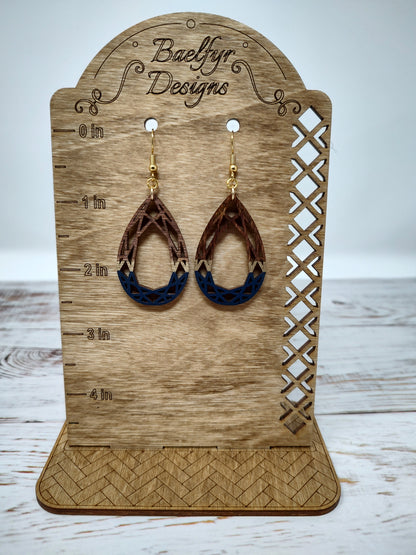 Geometric Oval Navy and Gold Wooden Earrings