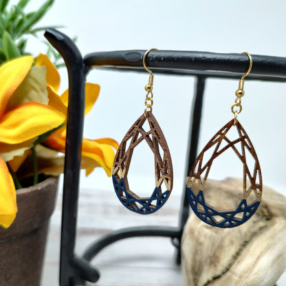 Geometric Oval Navy and Gold Wooden Earrings