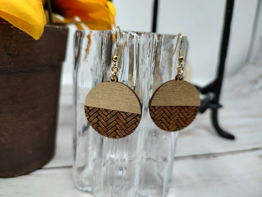 Gold and Herringbone Wooden Earrings