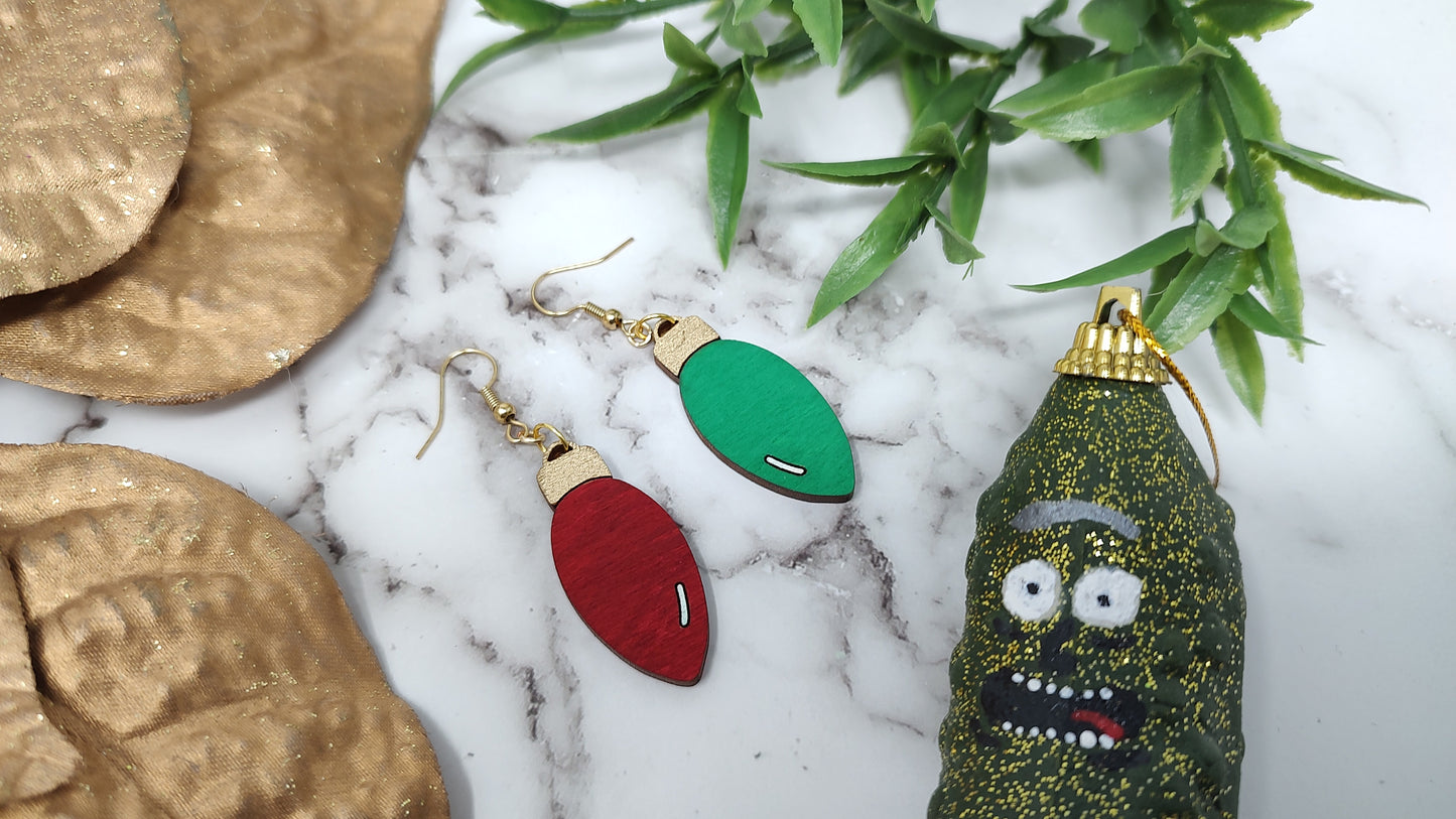 Christmas Bulb Green and Red Wooden Earrings