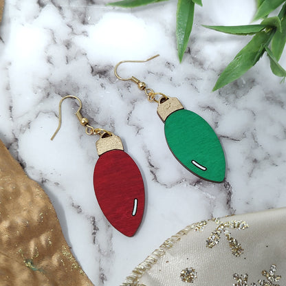 Christmas Bulb Green and Red Wooden Earrings