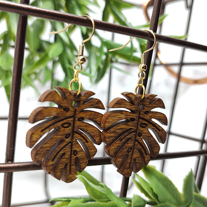 Monstera Leaf Wooden Earrings