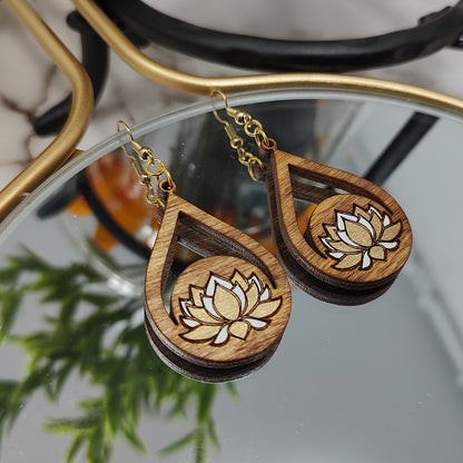 Gold and White Lotus Flower Wooden Earrings