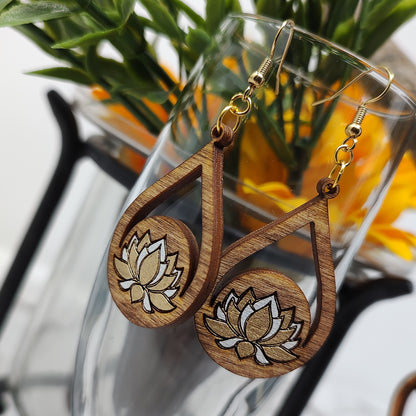 Gold and White Lotus Flower Wooden Earrings
