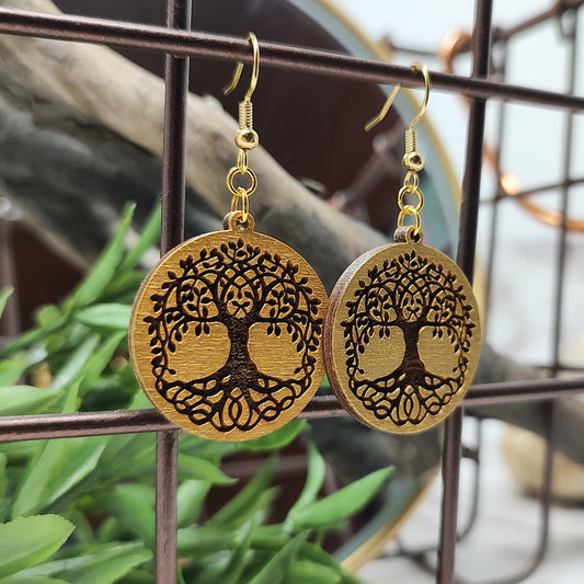 Gold Tree of Life Wooden Earrings